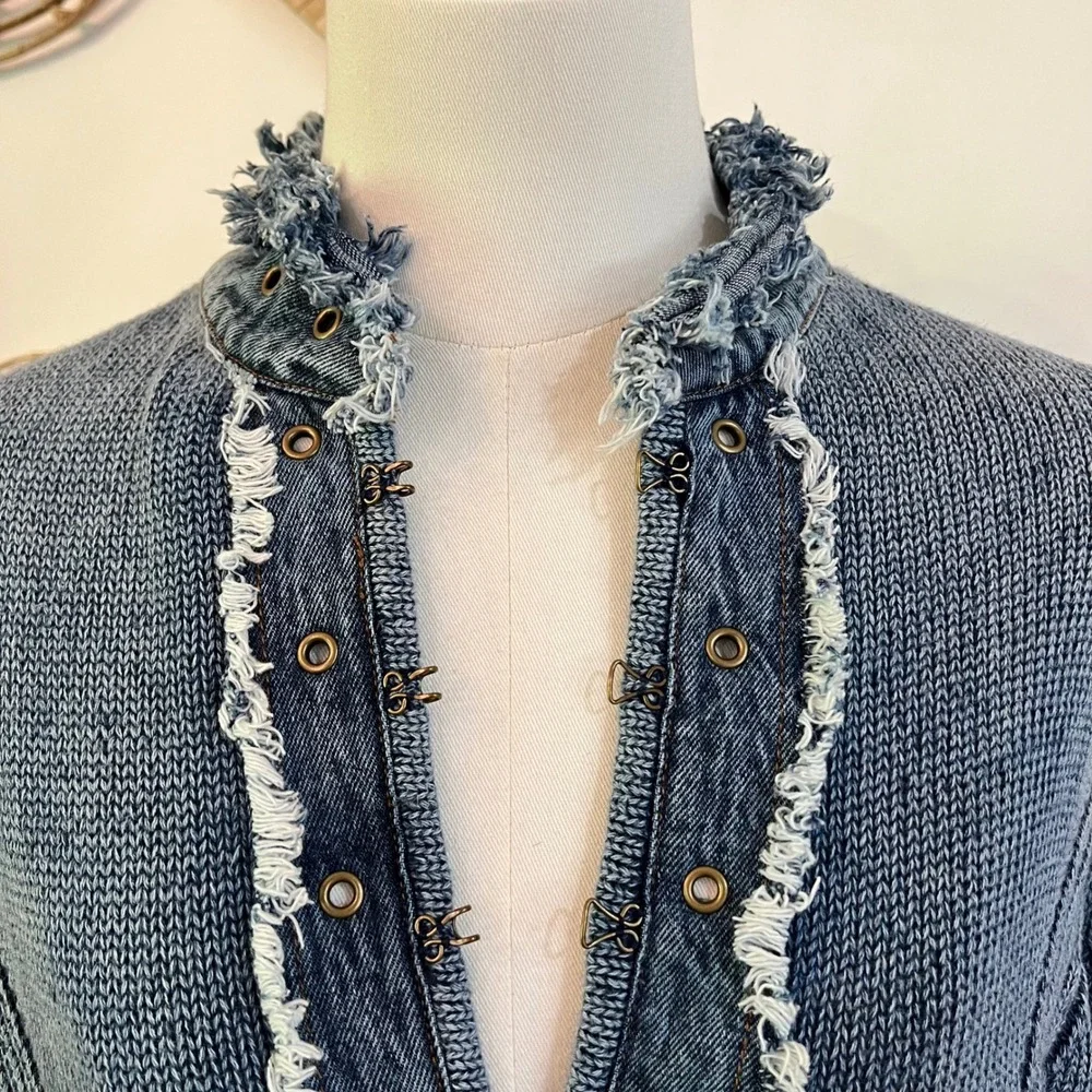 Vintage PBJ Blues Blue Cotton Ramie Denim Trim Cardigan Sweater Boho XL